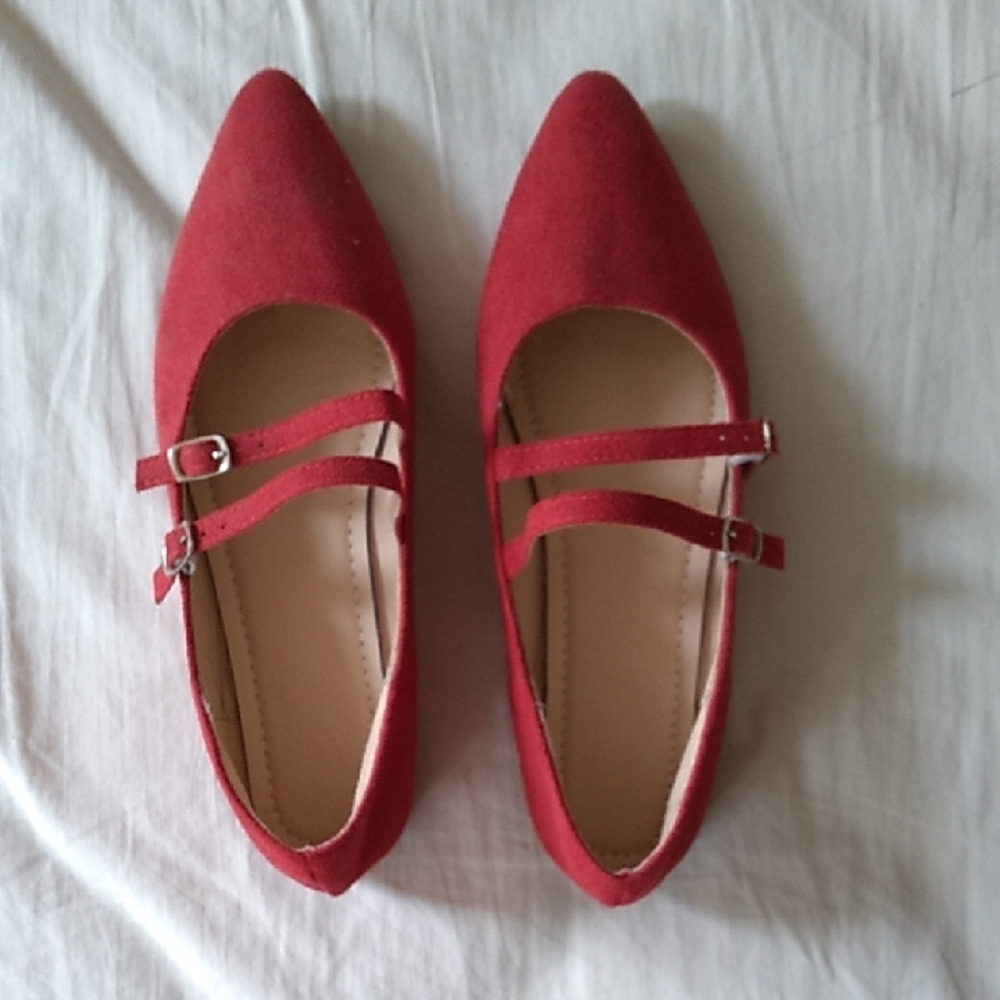 Women’s Red Double-Strap Pointed Flats — Stylish Everyday Loafers